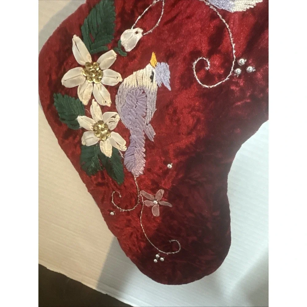 Embroidered Velvet Velour  Red & Green Christmas Stocking w/ Cardinal Birds